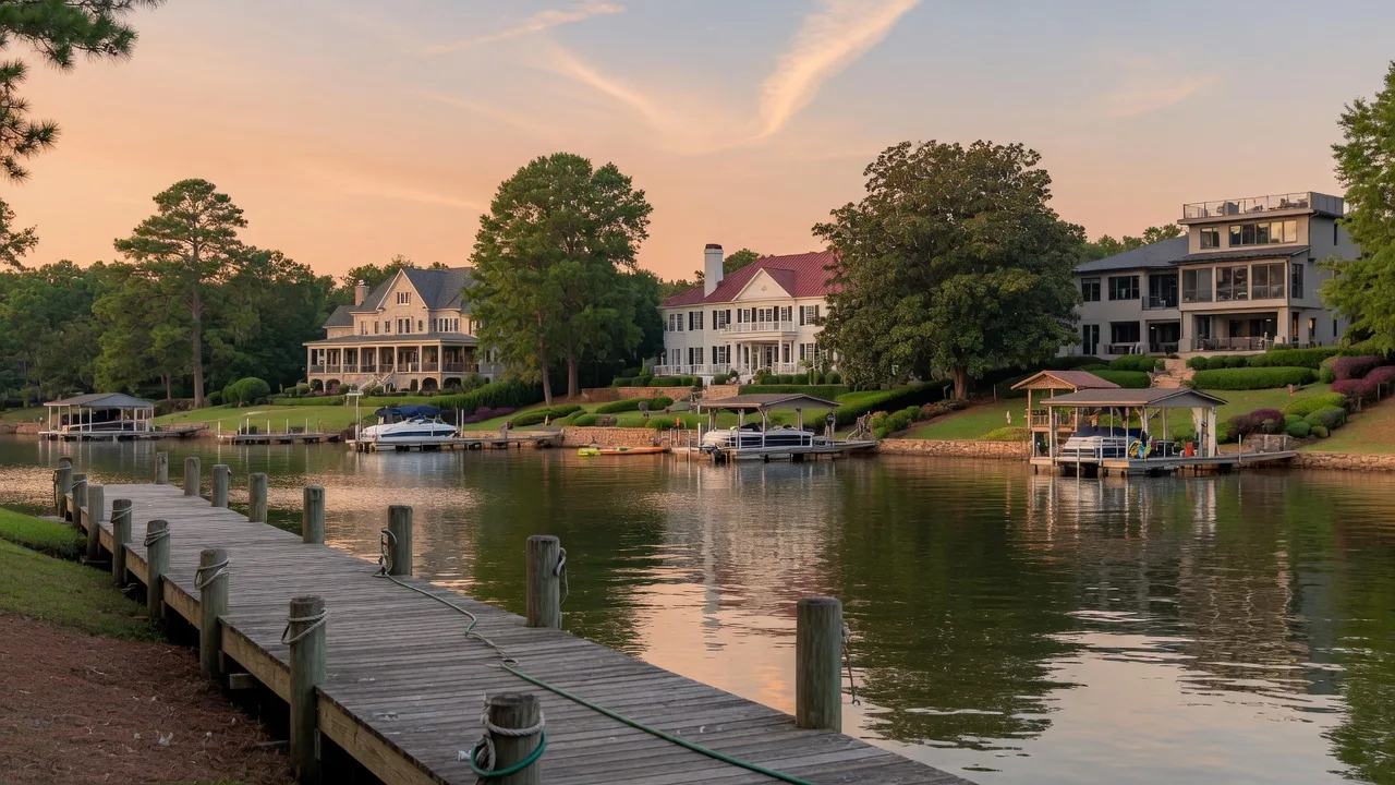 Luxury waterfront homes with private docks in Lake Norman at golden hour