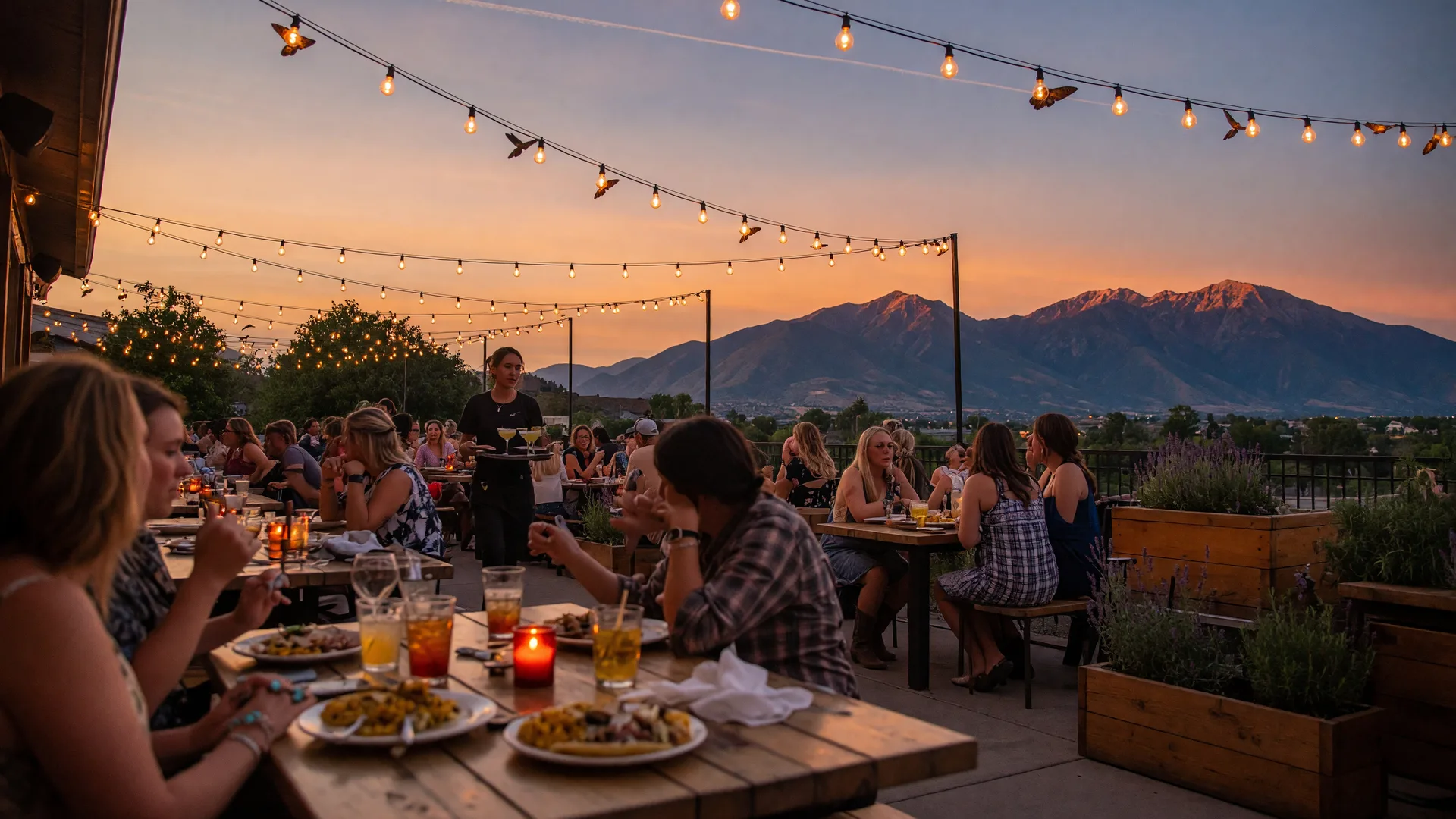 Outdoor restaurant patio with string lights and mountain views in Herriman, Utah