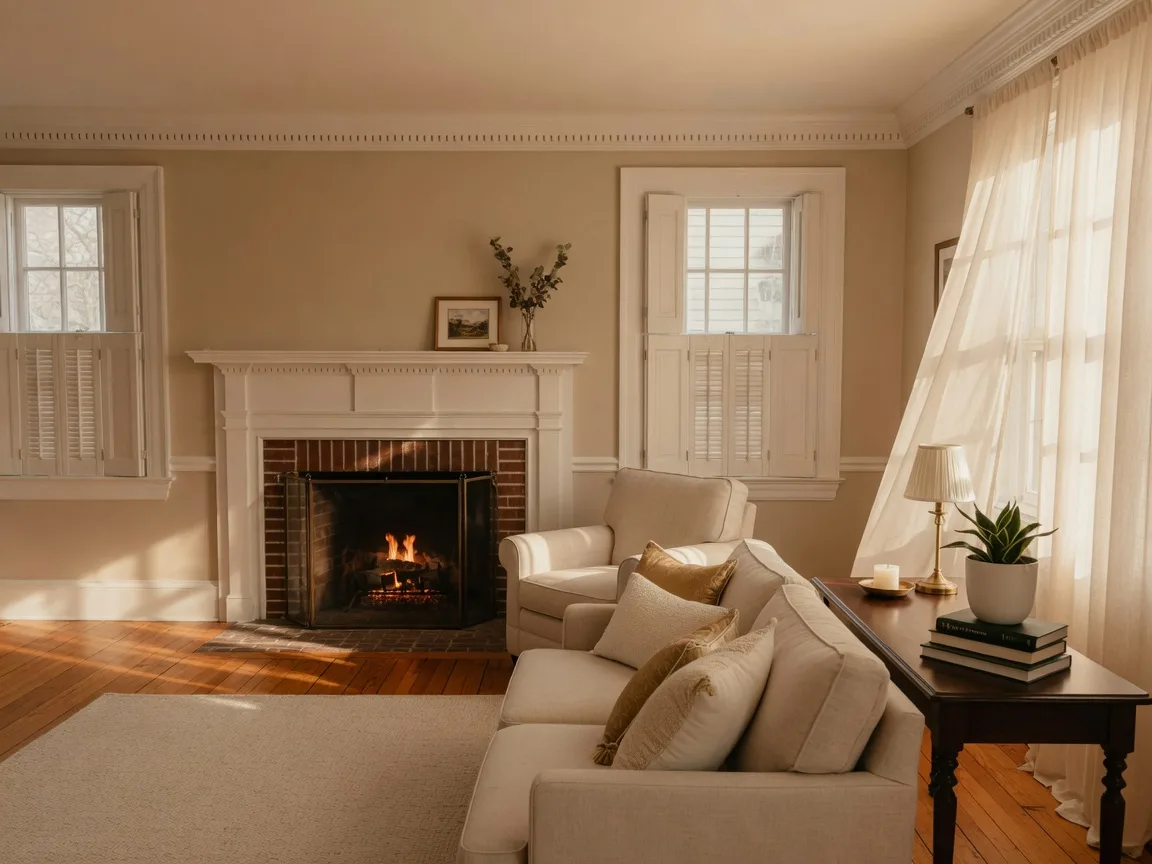 Warmly staged colonial living room with neutral furniture, gold accent pillows, and a lit fireplace, prepared for a winter listing
