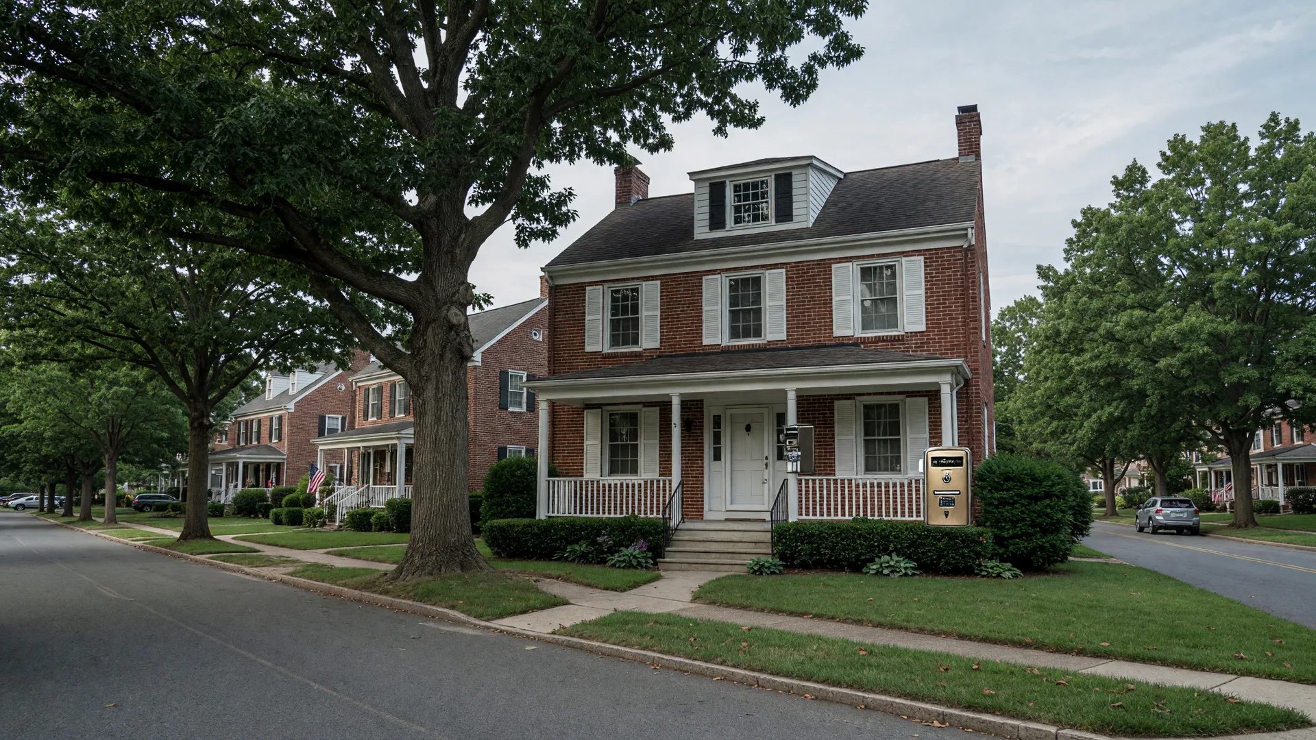 A brick-front Maryland colonial home on a quiet tree-lined street with a lockbox on the railing, representing the type of probate property an out-of-state Personal Representative may need to manage remotely