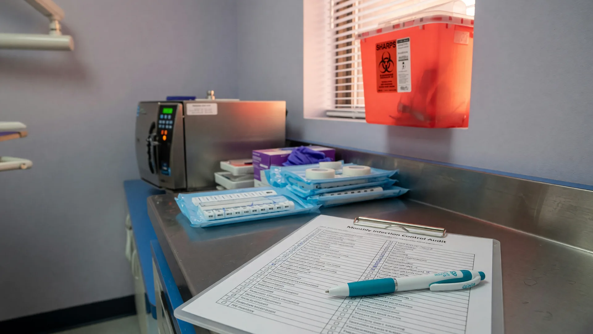 A dental professional reviewing a printed compliance self-audit checklist on a clipboard beside an autoclave and wrapped instrument packs