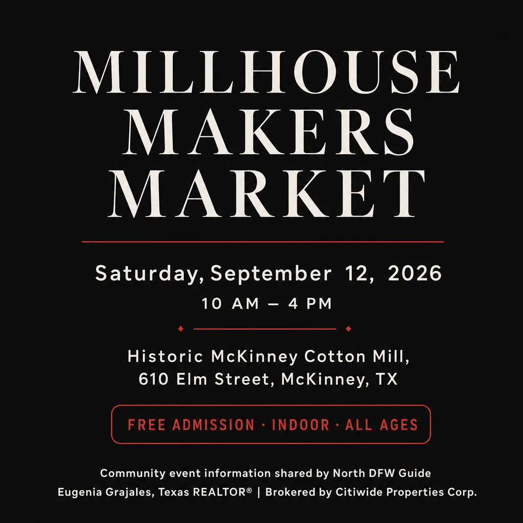 MillHouse Makers Market, Saturday, September 12, 2026, 10 a.m.–4 p.m., Historic McKinney Cotton Mill, 610 Elm Street, McKinney, TX, free admission, indoor.
