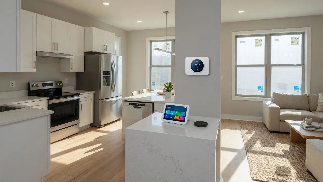 Bright modern kitchen and living room in a new construction Virginia home with smart home hub, energy-efficient appliances, and natural light from large windows