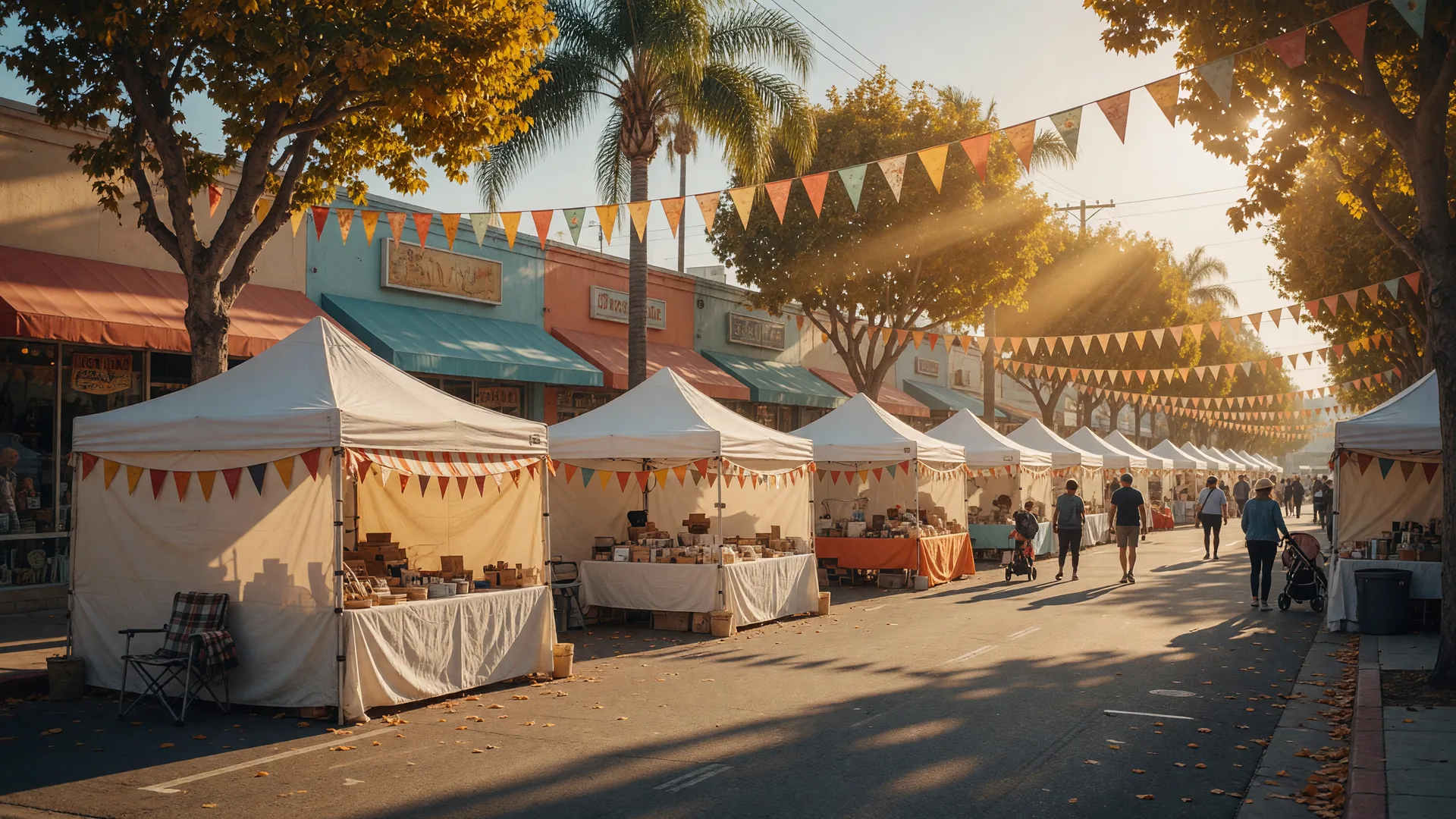 A street fair with vendor tents and bunting along a Castro Valley Boulevard shopping street