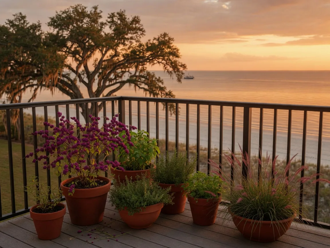 A container garden of herbs and native grasses on a high-rise condo balcony at golden hour, overlooking the calm Mississippi Sound with a live oak along the beachfront below