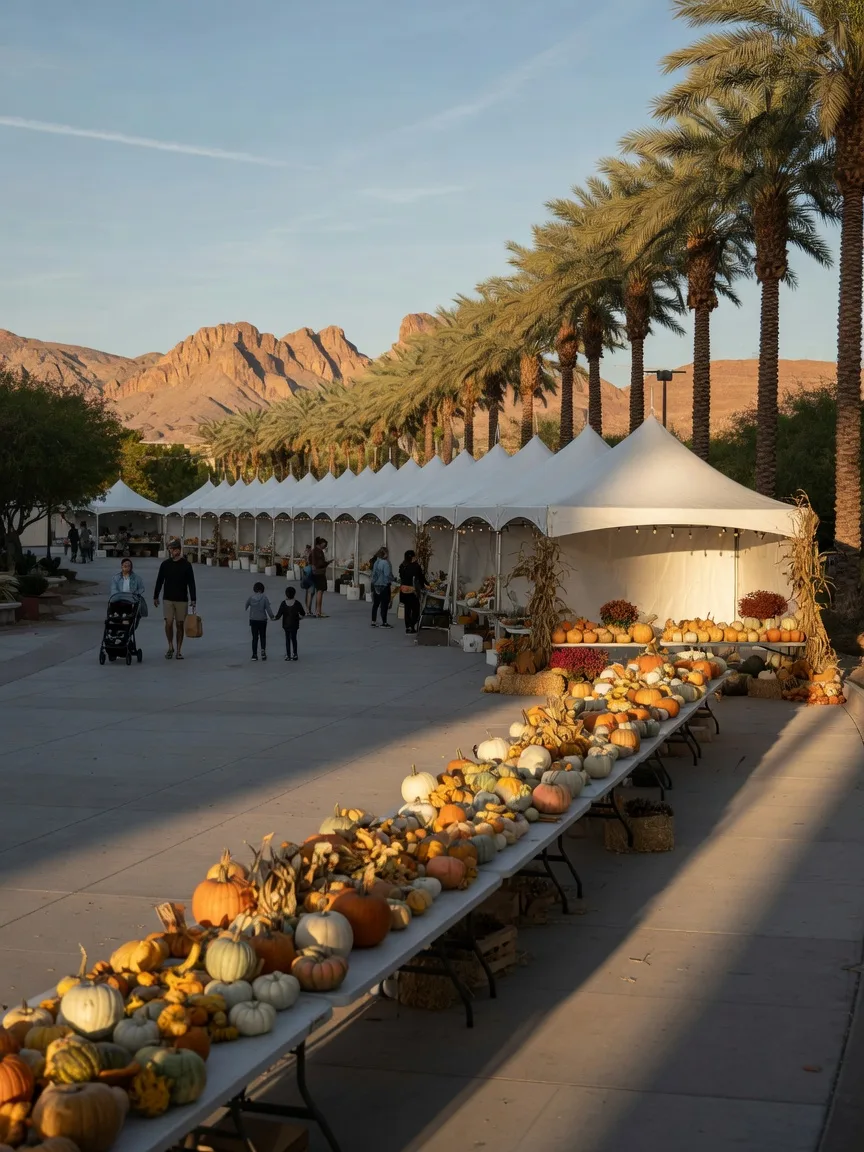 An early-autumn community festival with market tents and pumpkins in Summerlin, Las Vegas