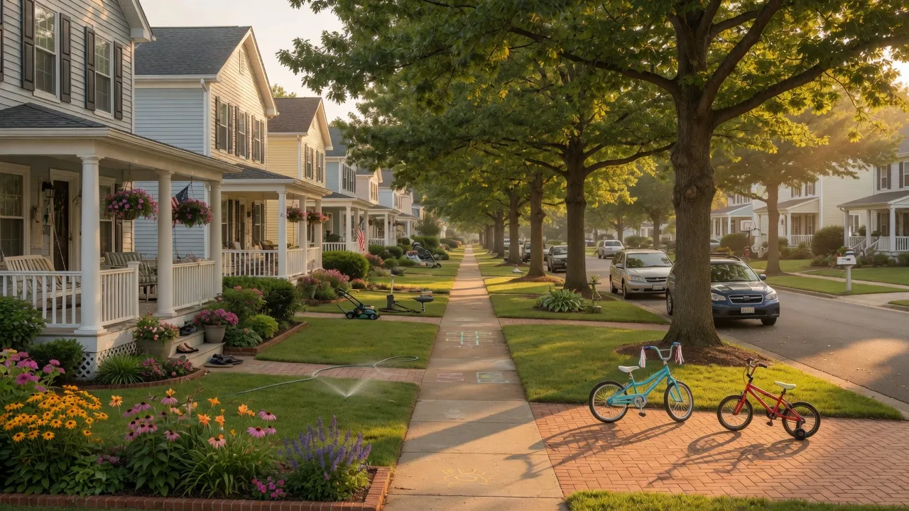 Tree-lined residential street in Virginia Beach during golden hour with well-kept homes, green lawns, and flowering gardens
