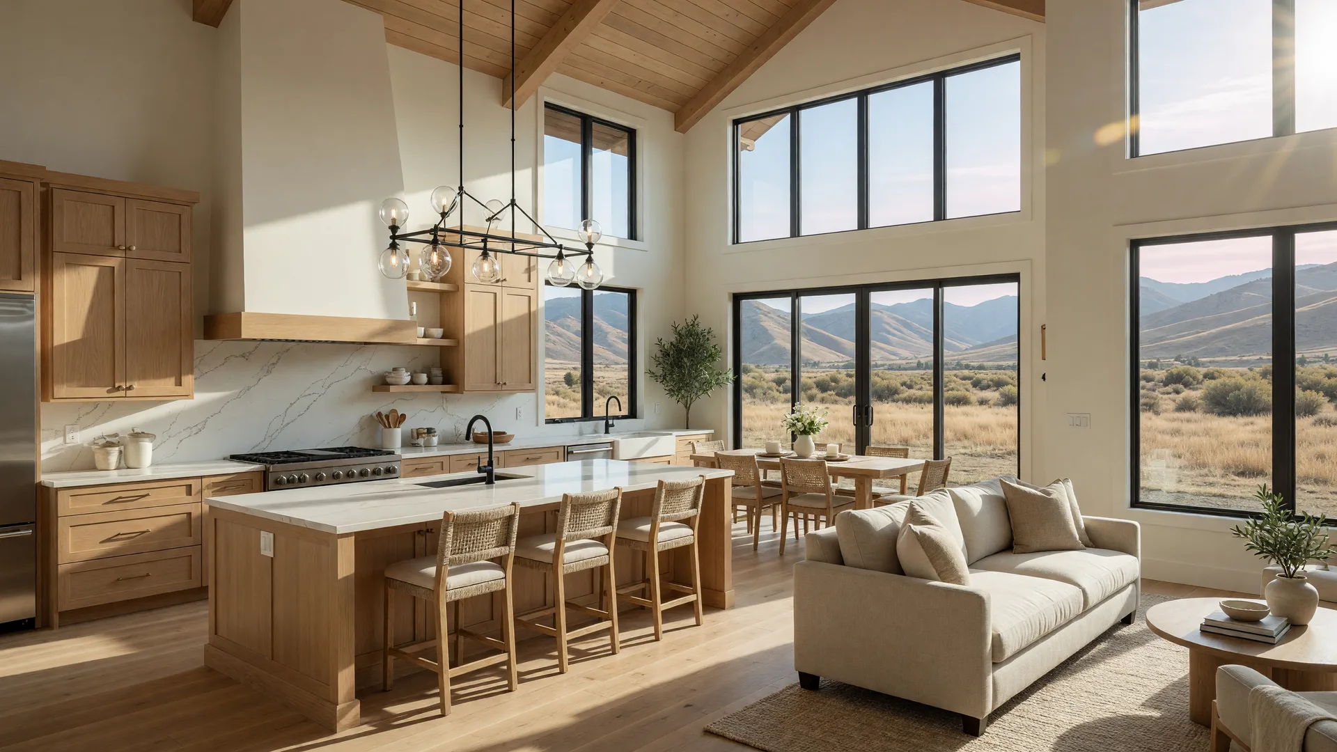 An open-concept great room in a newly built Treasure Valley home, with a light oak kitchen island, tall windows and foothill views