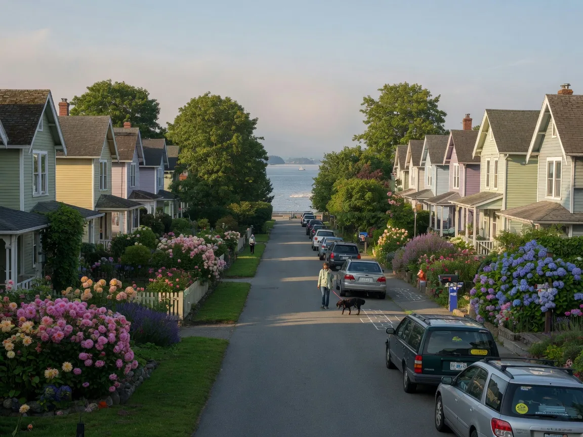 A neighbourhood avenue of white-trimmed character homes with colourful summer gardens in Victoria BC