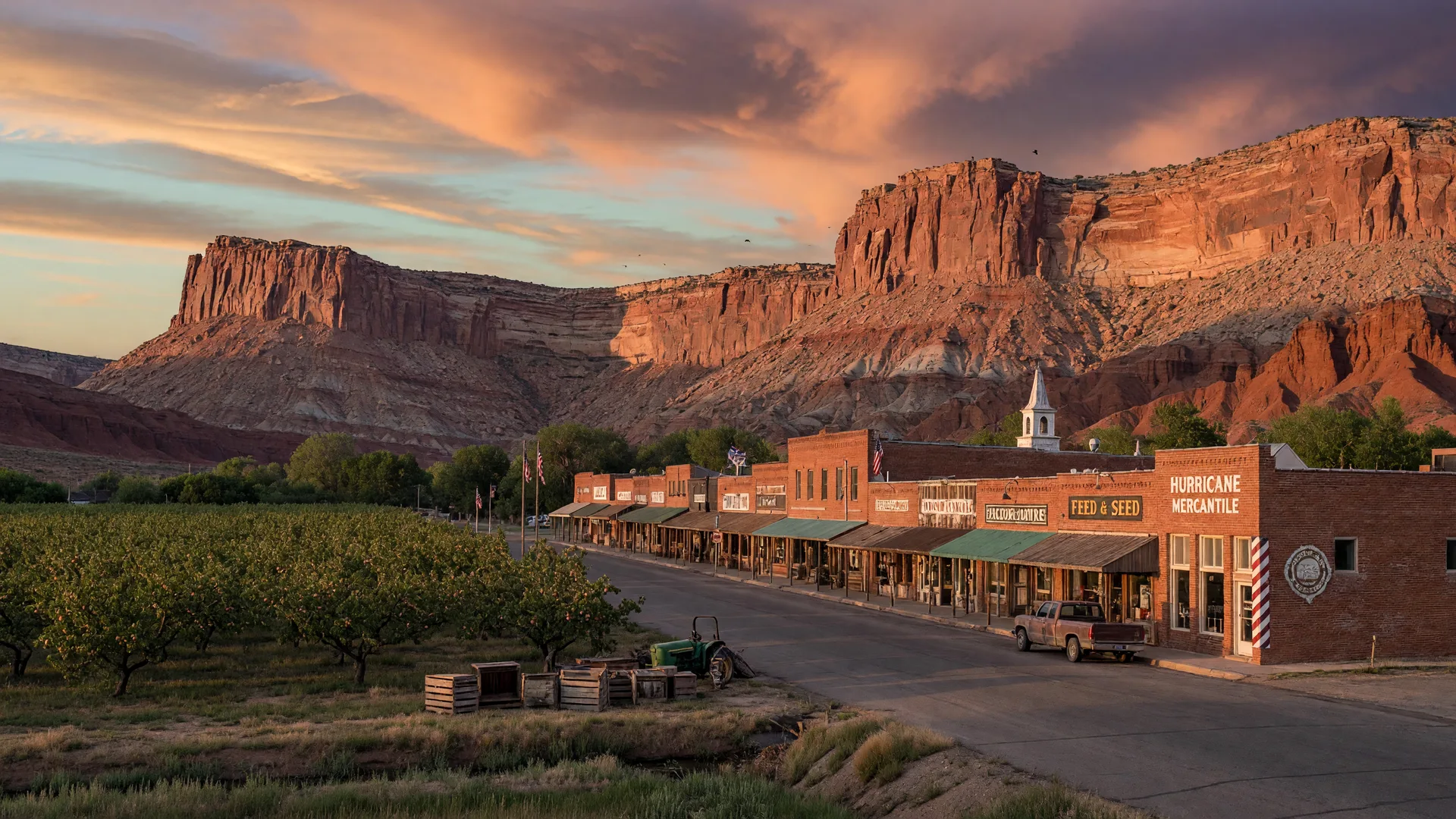 AI-rendered concept image of Hurricane, Utah's brick main street with the Kolob sandstone cliffs behind the town