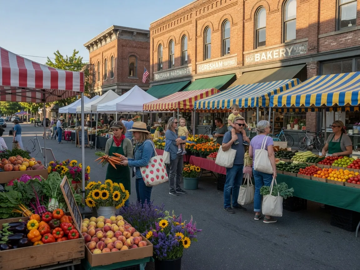 A sunny morning at the Gresham Farmers' Market with colorful produce stalls and historic Main Street behind