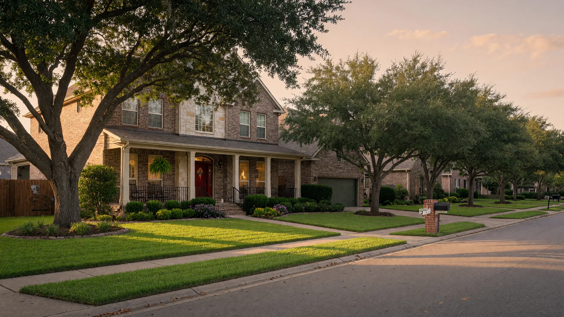 A brick and stone suburban Texas family home on a quiet, tree-lined street in late afternoon light