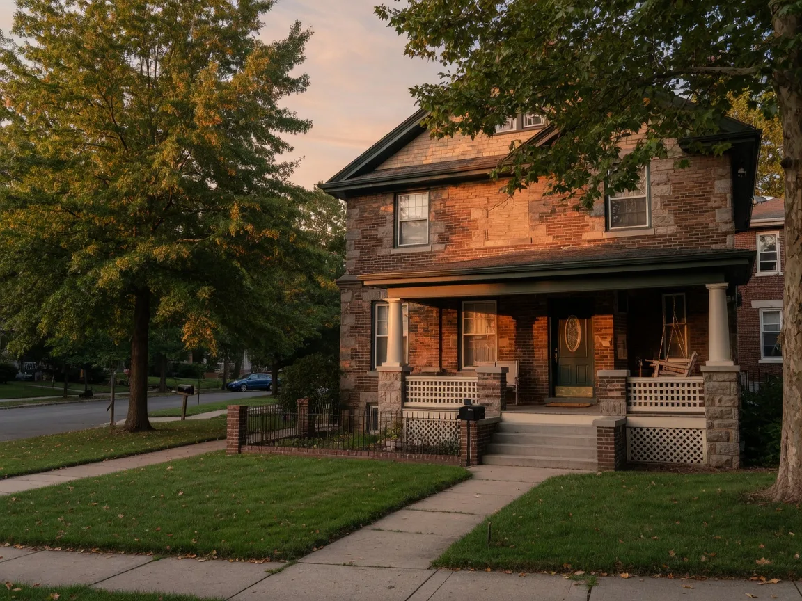 A substantial 1930s brick and stone detached home with a small front yard and covered porch on a tree-lined street in West Oak Lane, Philadelphia