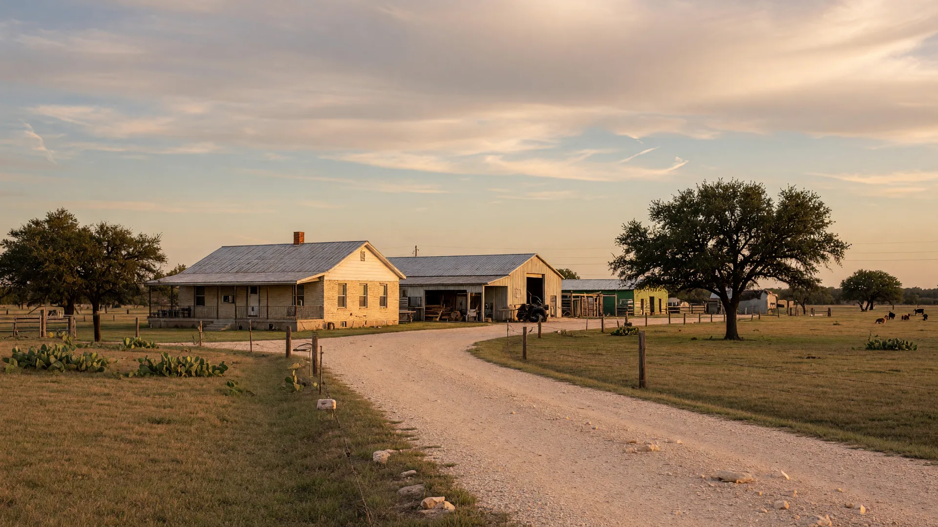 A rural Medina County farmhouse with a metal roof and outbuildings near Natalia, Texas at late afternoon, in the home inspection service area of Rodeo Home Inspections