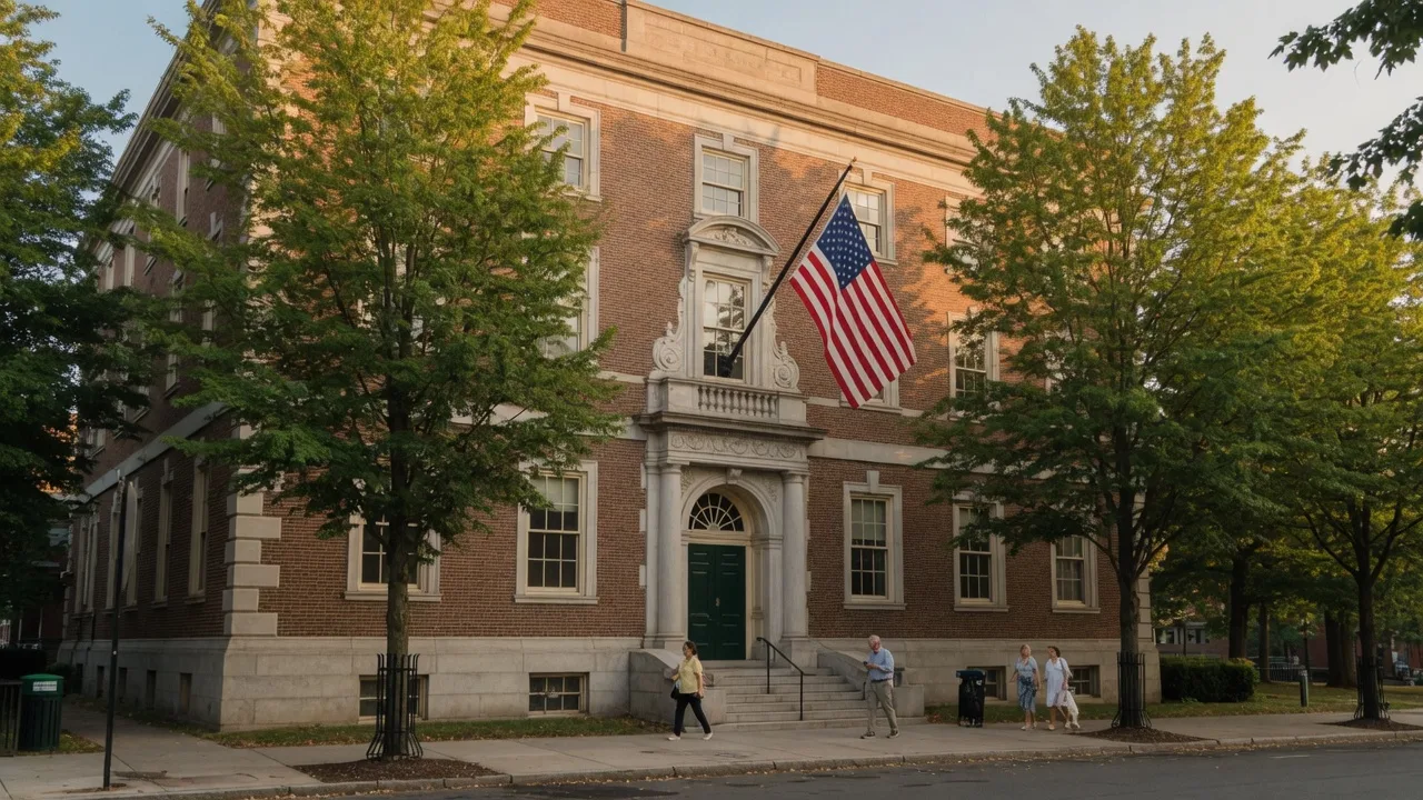 The New Haven Probate Court building at 200 Orange Street on a sunny late summer morning, with classic brick and stone civic architecture and an American flag
