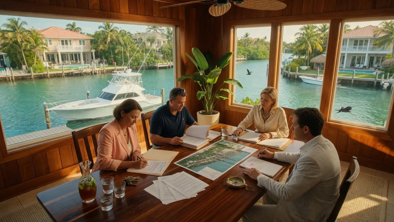 Real estate closing meeting in a sunlit Florida Keys conference room with title documents and property survey maps on a tropical hardwood table, turquoise canal visible through floor-to-ceiling windows