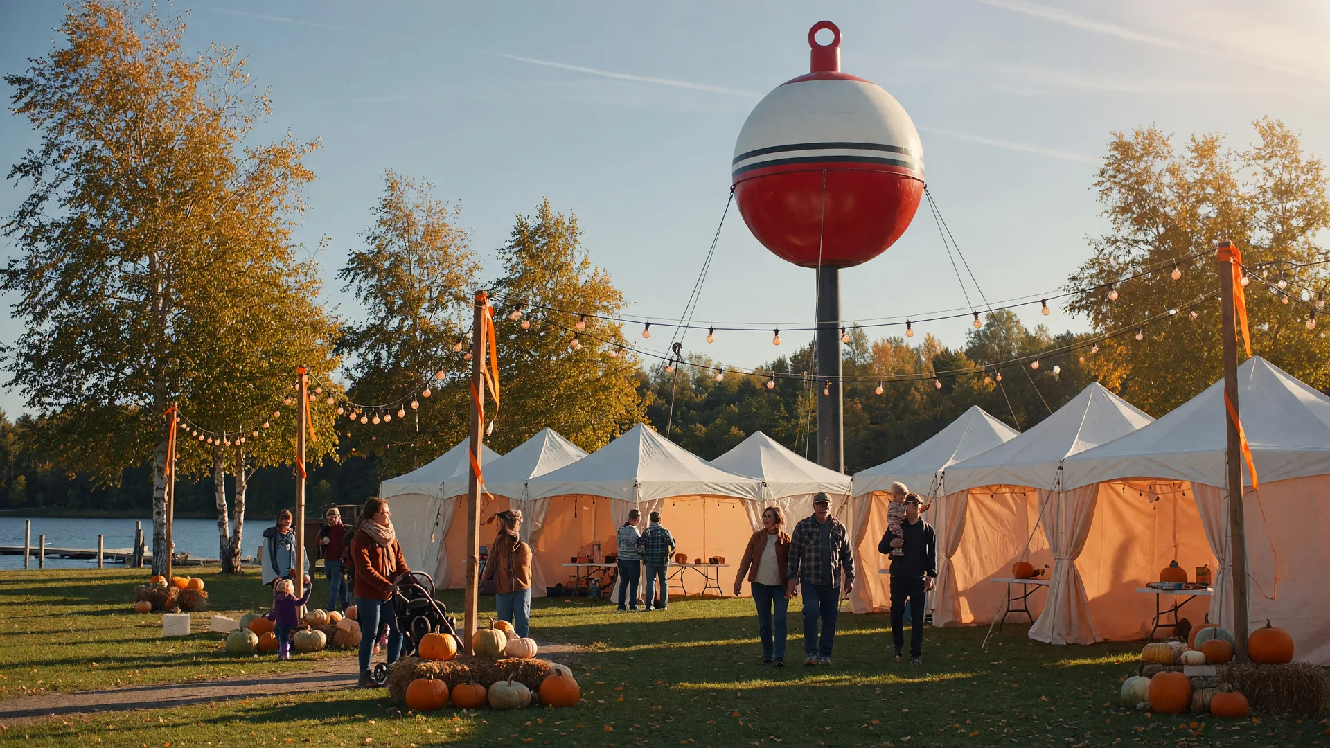 Fall festival tents and string lights in a small Minnesota town park with a giant red-and-white bobber landmark in the distance