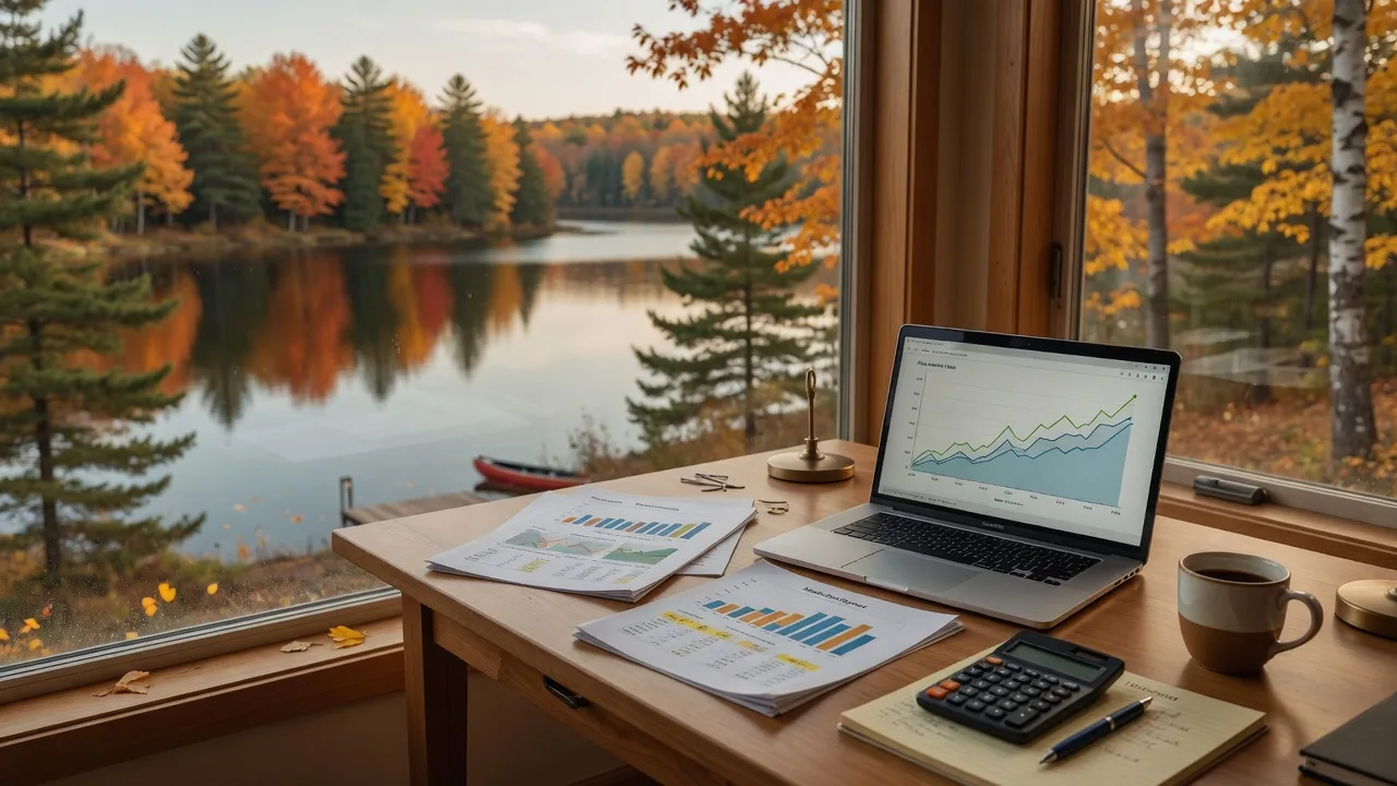 A real estate agent's desk in northern Minnesota in October with an open laptop showing an upward income chart, market report pages, a calculator, and a coffee mug beside a window over a pine-lined lake in fall color