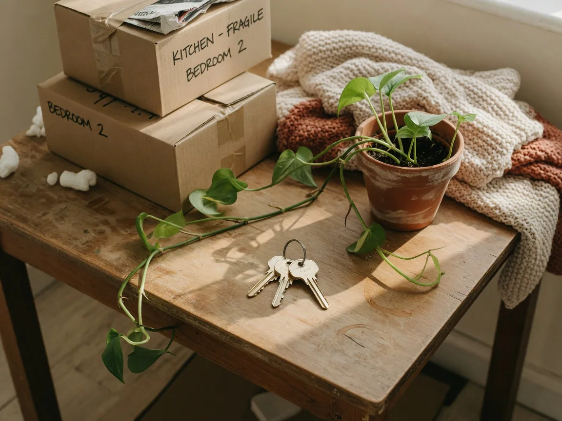 Freshly cut house keys resting beside moving boxes and a potted plant by a sunny window