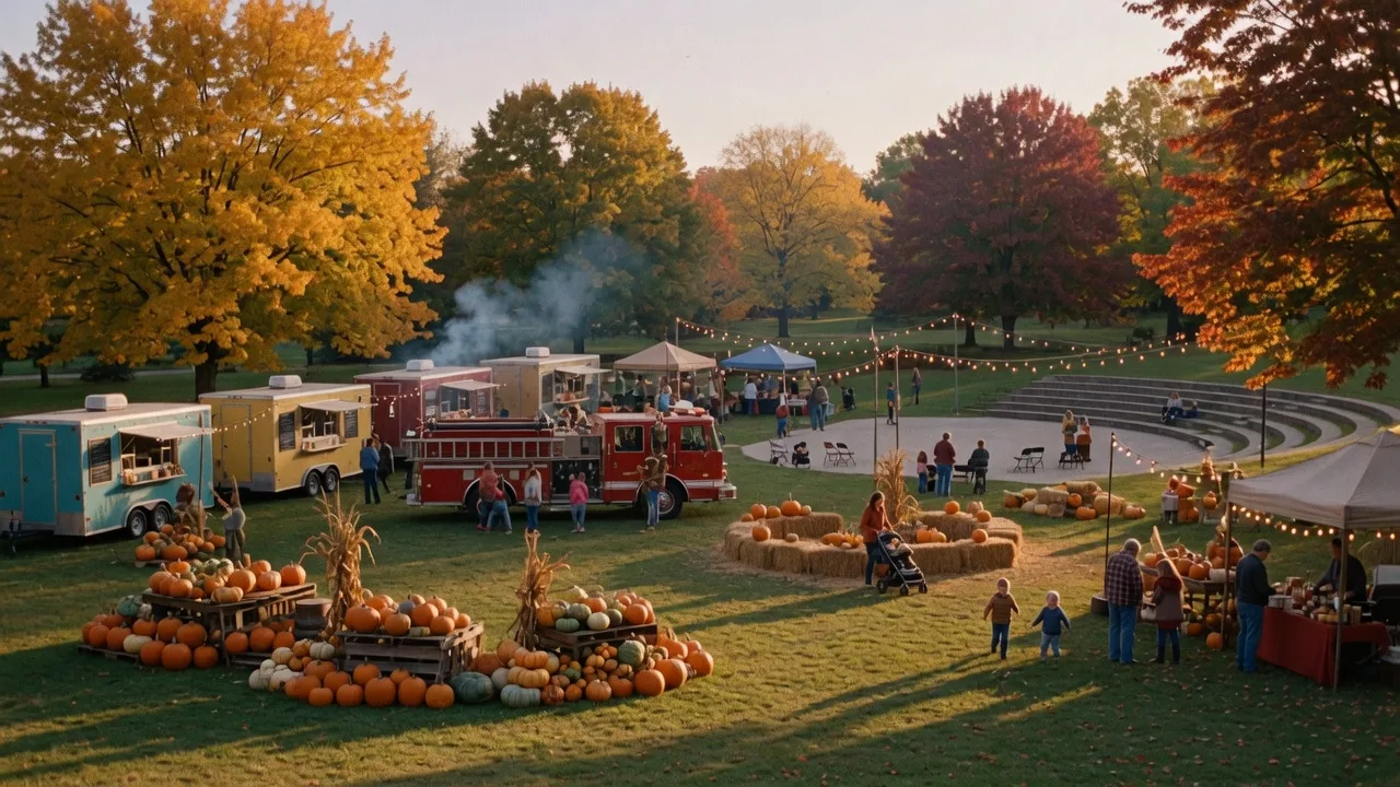 A small town fall festival on a park amphitheater lawn with food trucks, pumpkin displays, and a fire engine on display for Touch-a-Truck