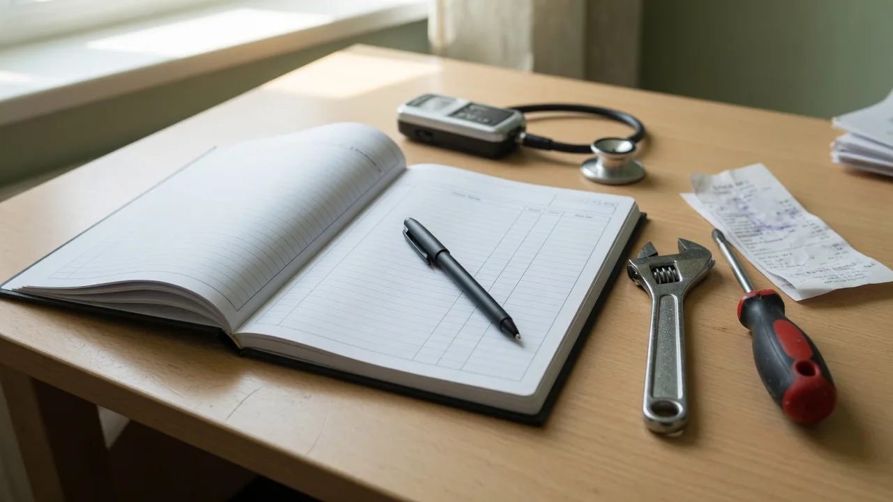 Home warranty ledger, wrench, screwdriver, and folded receipt on a planning desk