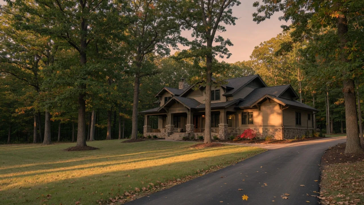 A newly completed custom home on a wooded one-acre lot in Michigan, framed by mature oaks and hardwoods in late-afternoon light