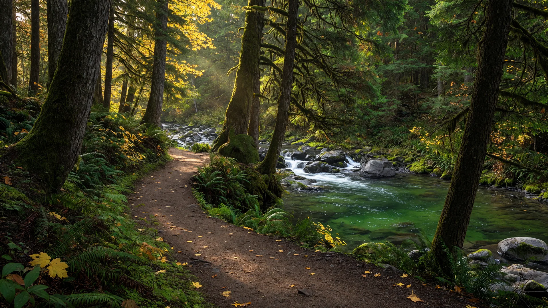 Forested riverside hiking trail winding through mossy Douglas fir and hemlock forest along the Clackamas River, with a glimpse of cascading water, in warm autumn light
