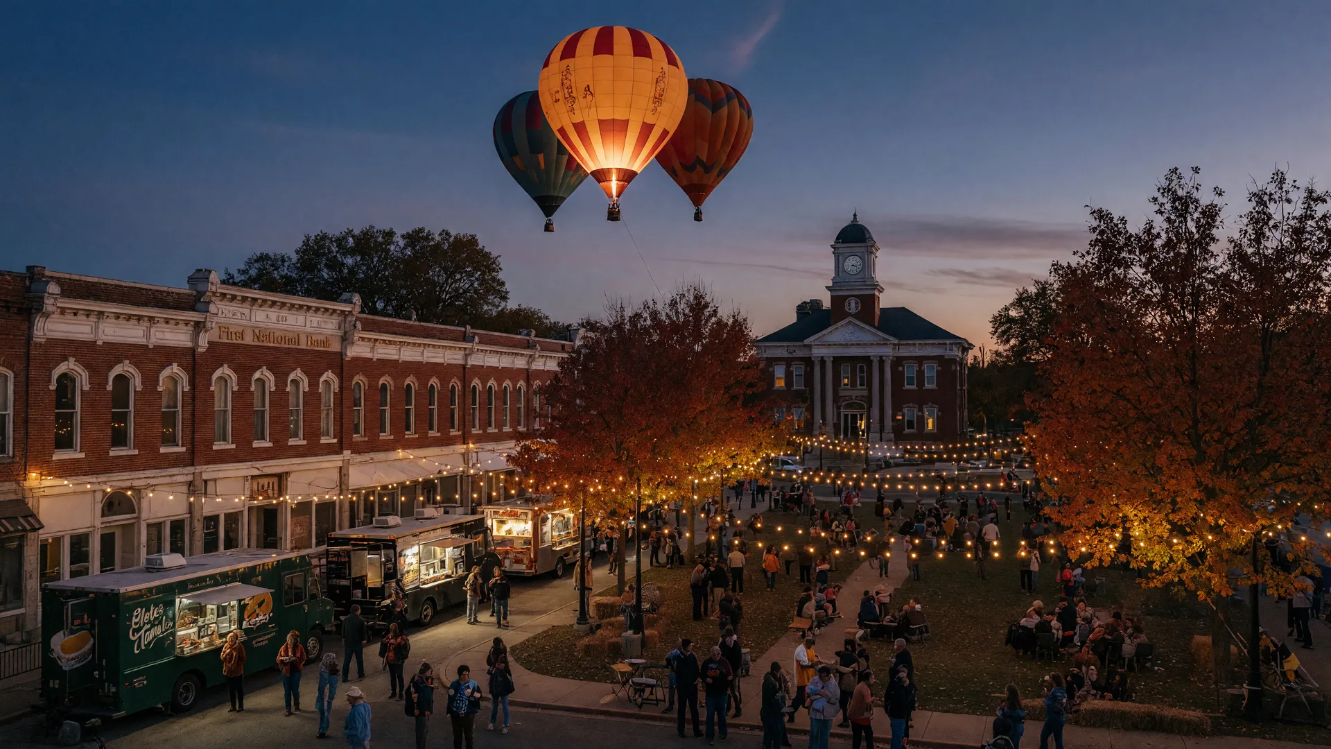 Colorful hot-air balloons glowing above a small-town Northeast Texas square on a fall evening