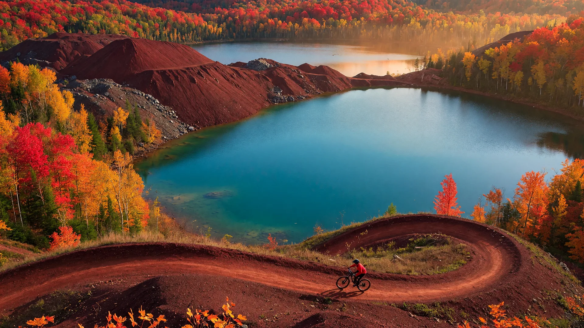 A turquoise mine lake at Cuyuna Country State Recreation Area ringed by red iron-ore tailings ridges and golden fall forest, with a red-dirt singletrack mountain bike trail curving along the ridgeline