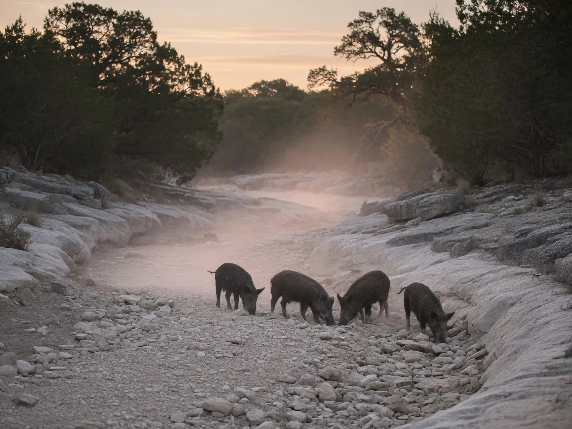 Several feral hogs rooting in a dry limestone creek bed in the Texas Hill Country at dawn, with juniper and live oak trees on the banks