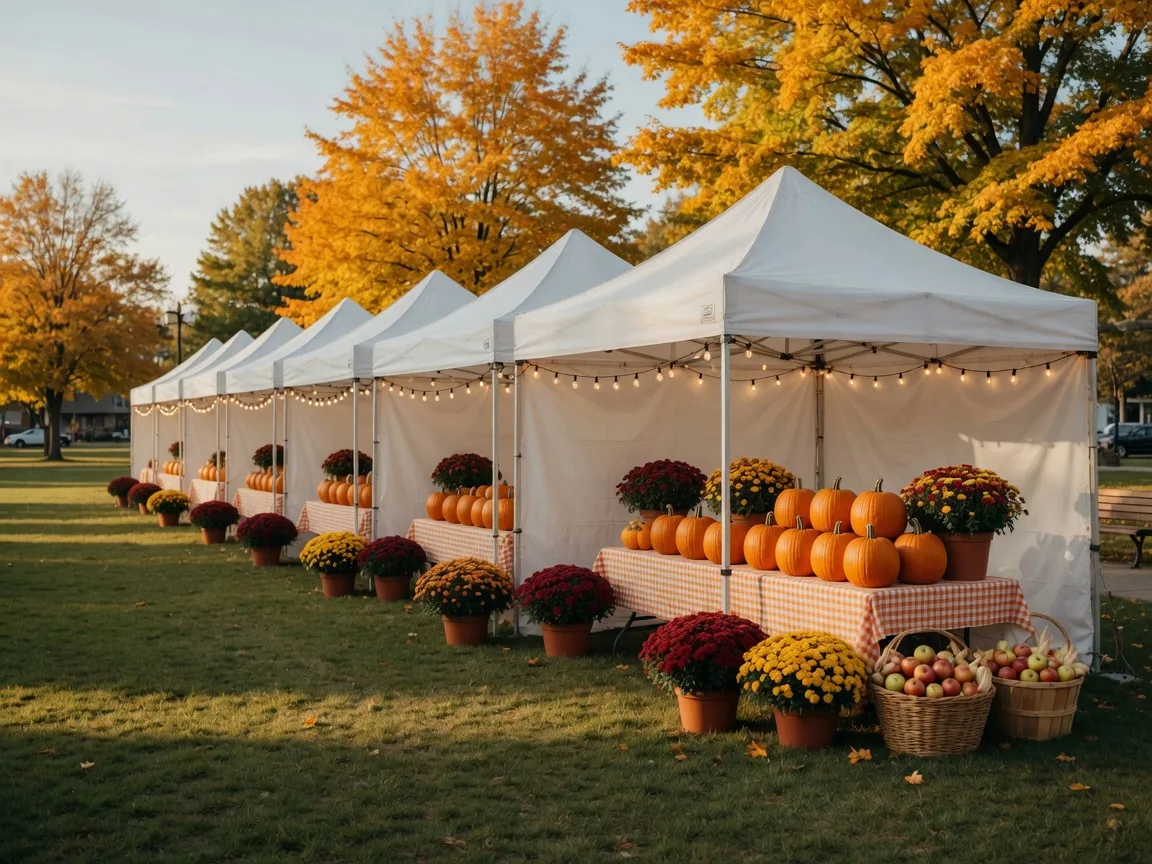 Fall craft fair tents with pumpkins, mums, and apple baskets beneath string lights in a suburban park, the scene of community festivals near Blue Bell