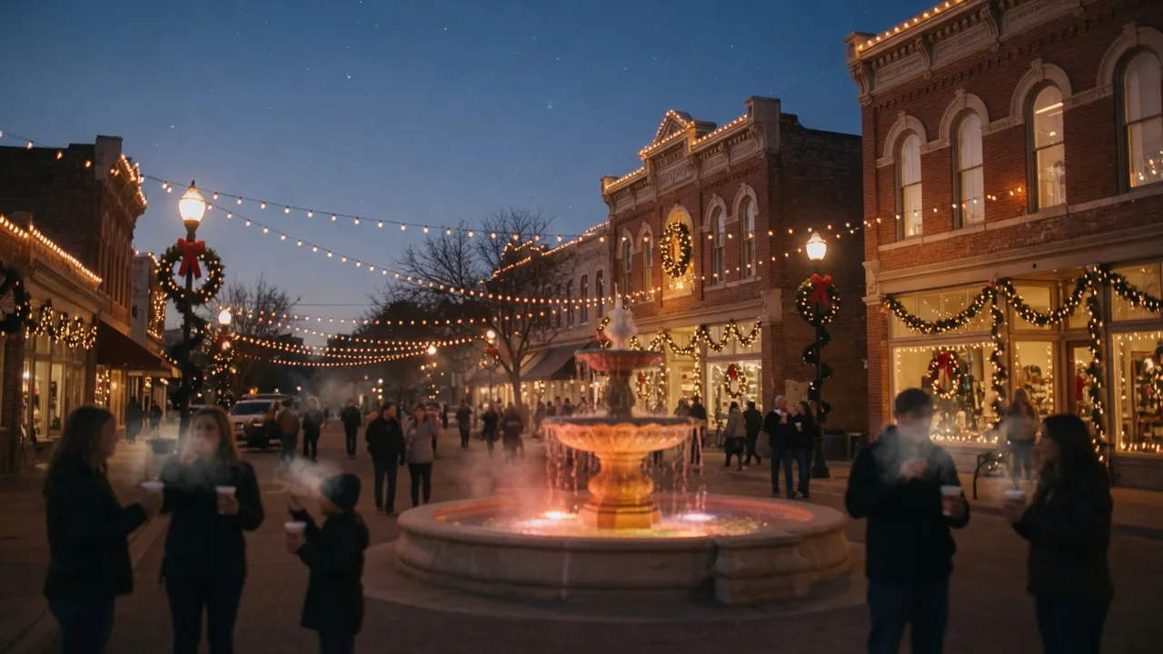 A winter holiday street festival in a historic Texas downtown with festively decorated brick storefronts, holiday lights, and people strolling the square with warm drinks