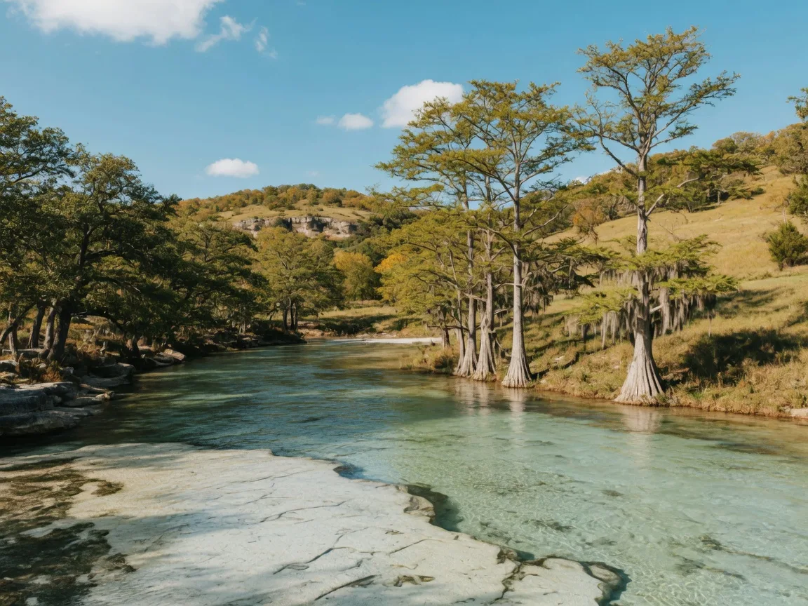 Clear turquoise Blanco River water rippling over limestone near Wimberley, with cypress trees and live oaks along the banks
