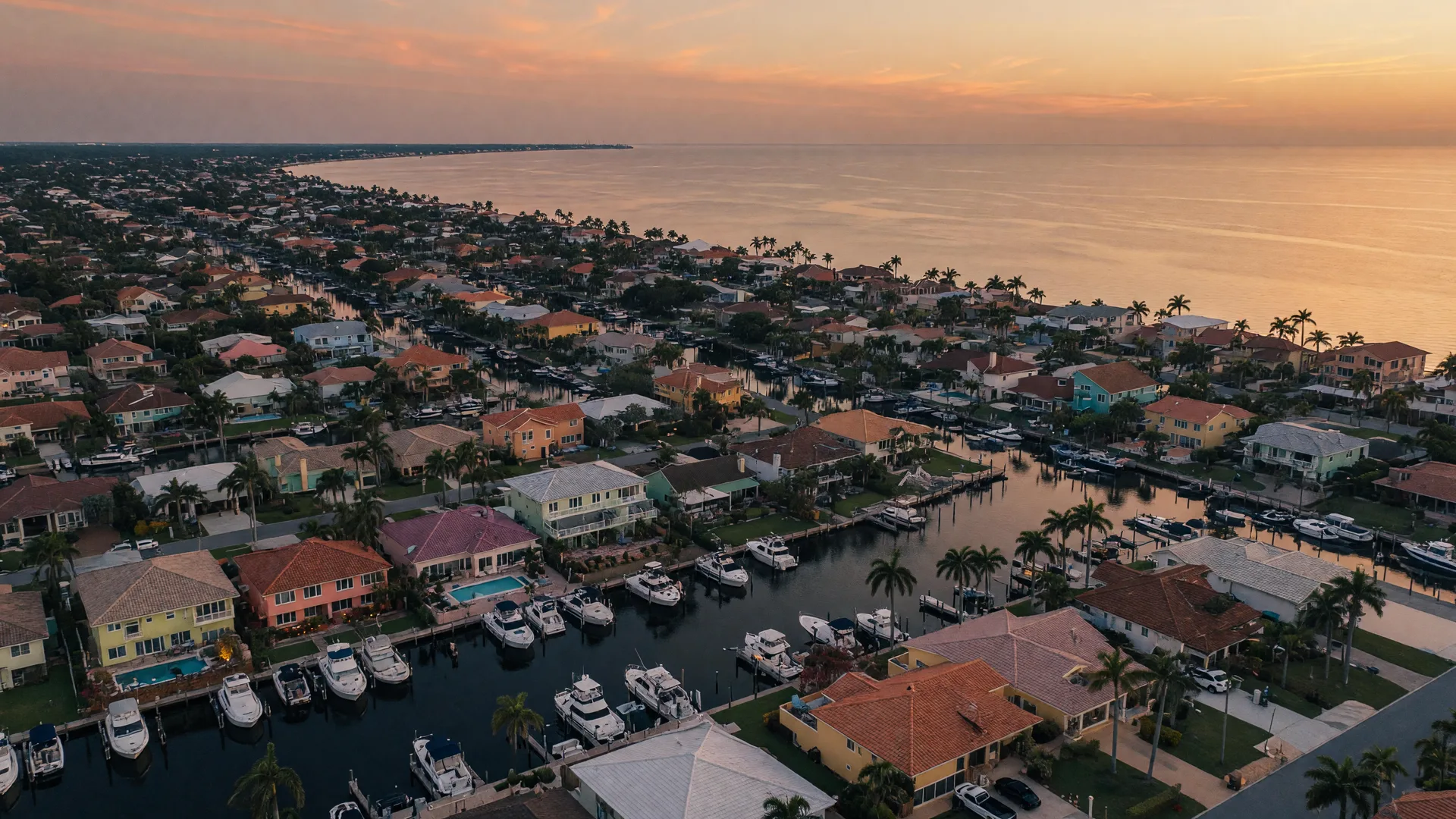 Aerial dusk view of coastal Sarasota neighborhoods along residential canals, with terracotta-roofed homes, docks and boats, and tall palms reflecting warm golden light over the Gulf