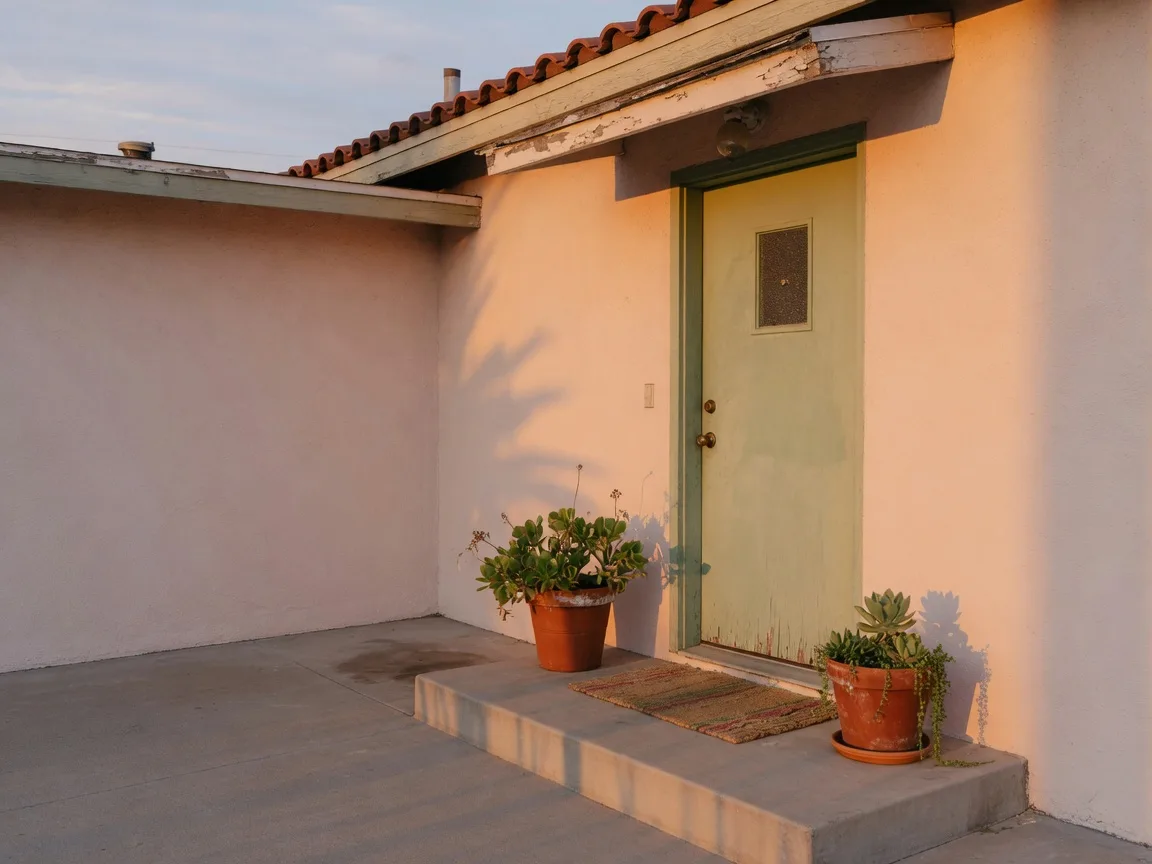 A warm golden-hour view of a California home's front door, a reminder that home is still home