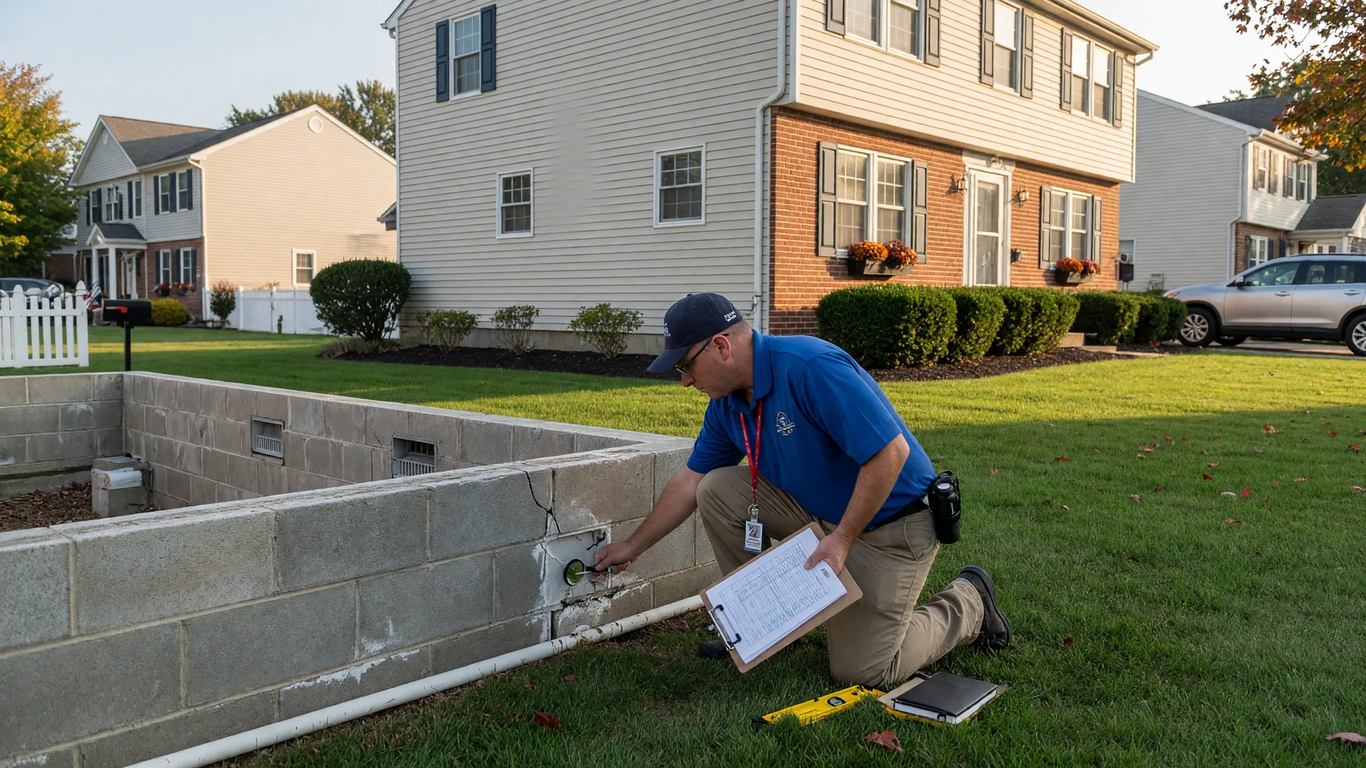 Professional home inspector examining a South Jersey home exterior