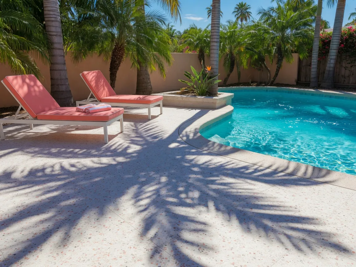 Sunny backyard pool patio with palm shadows, a typical afternoon in a Phoenix-area home