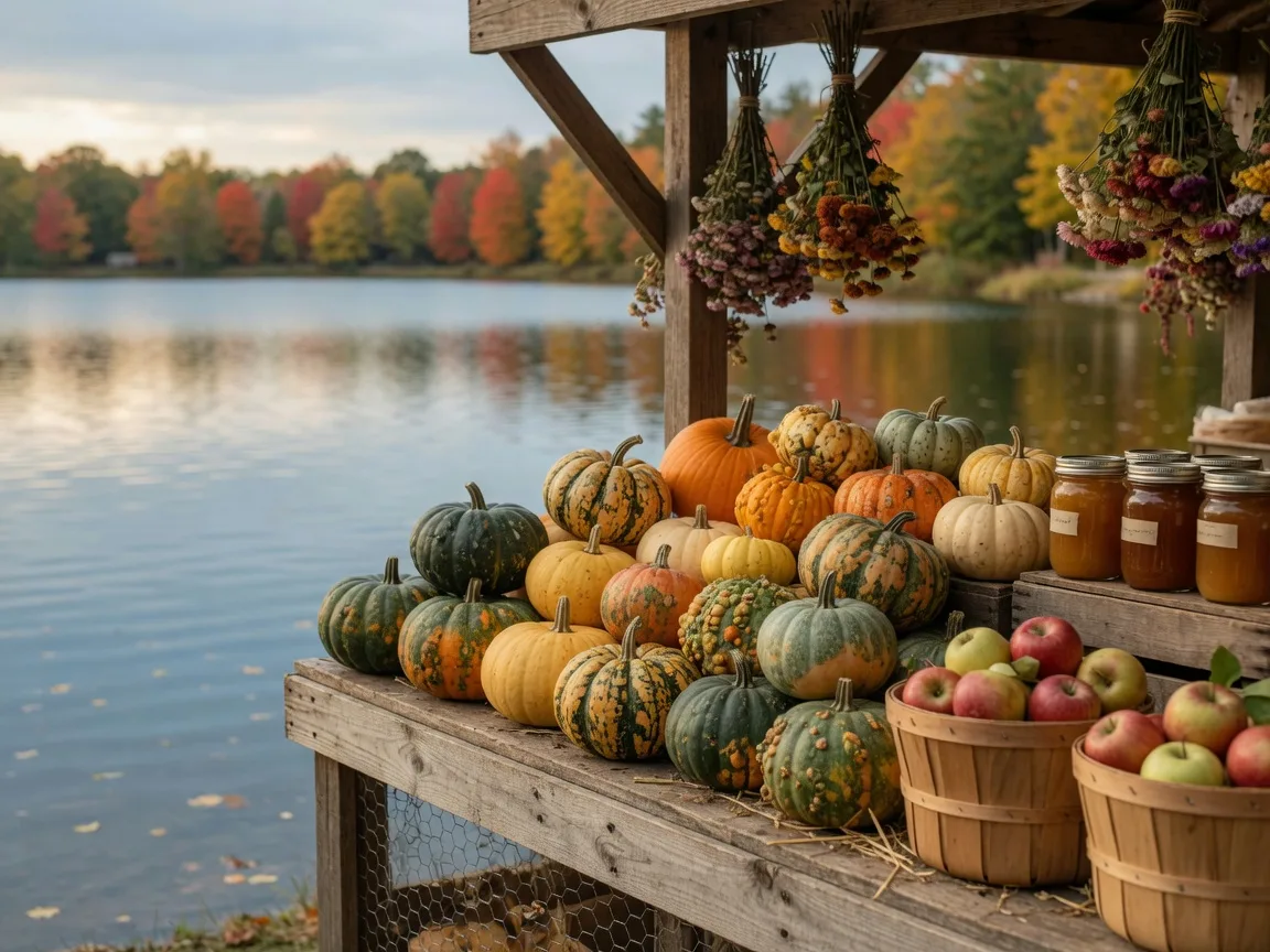 An autumn market stall beside the lake piled with heirloom squash, pumpkins, bushels of apples and jars of preserves, with blue water and fall trees behind it