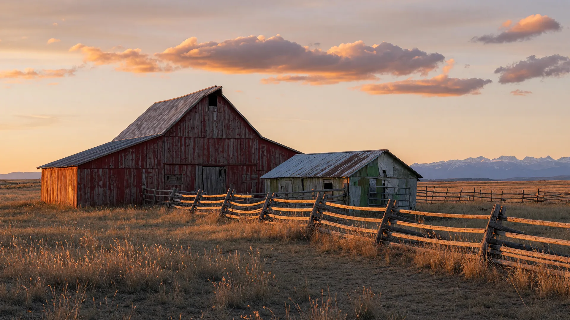 A weathered red barn beside a split-rail fence on open prairie