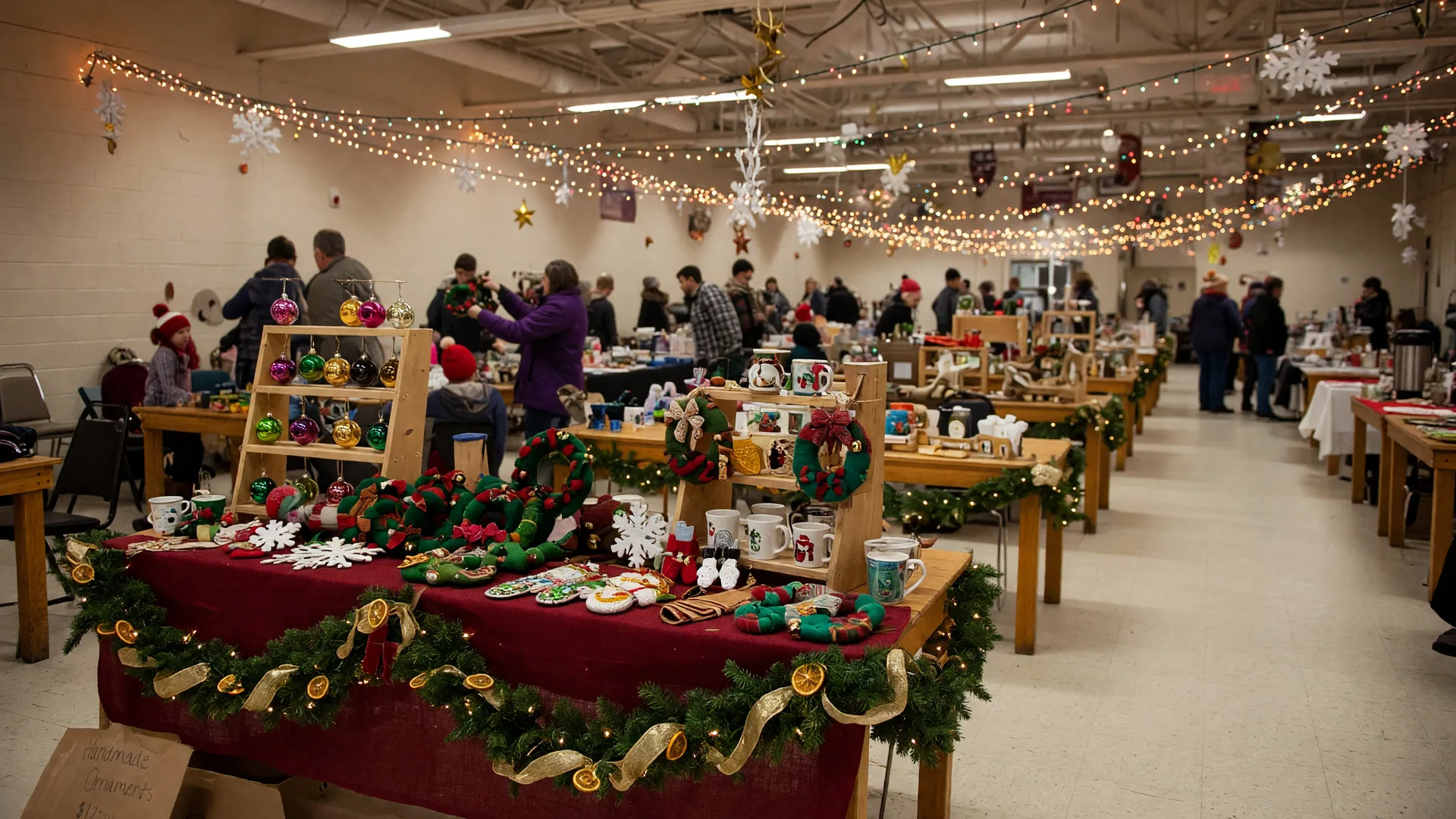 A holiday arts and crafts bazaar inside a civic center with vendor booths, handmade ornaments, and festive garlands