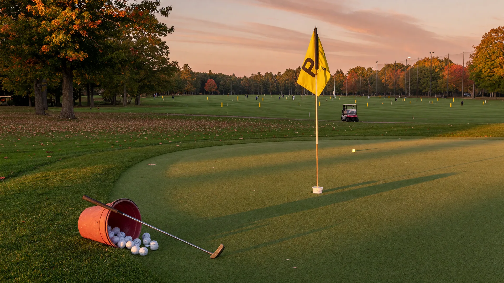 A junior putter and a bucket of range balls on a New England practice green at golden hour in early fall