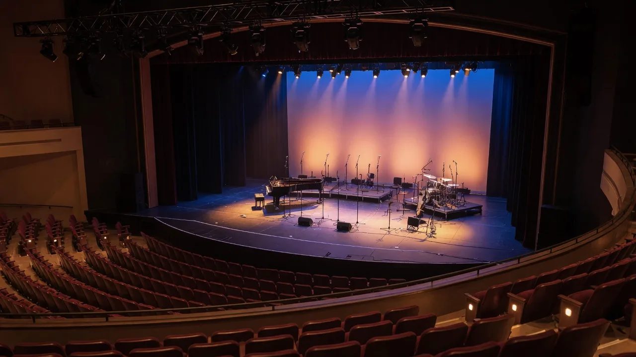 The Choctaw Grand Theater stage set for a concert with warm amber and blue lighting and empty theater seats