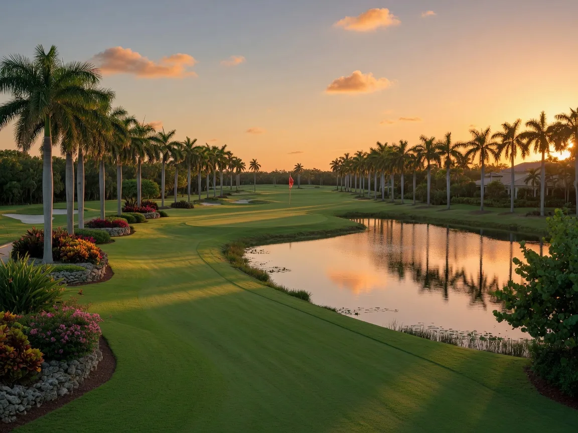 A country club golf course at golden hour, palms along the fairway