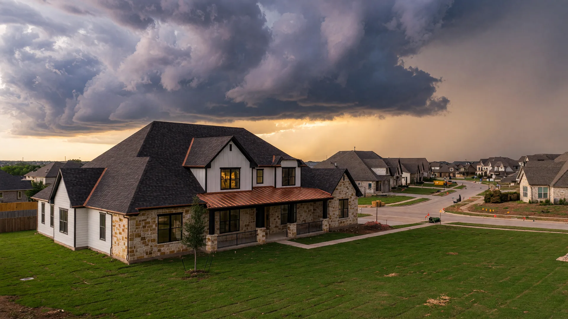 A new North Texas home under a dramatic late-afternoon thunderstorm sky, warm light on the roof and front facade