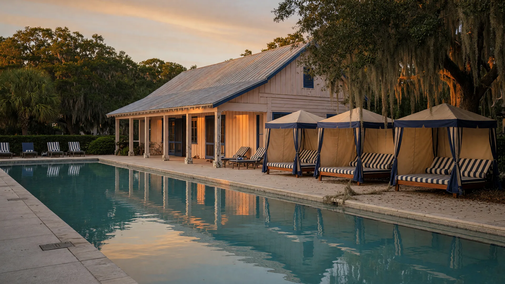 A resort-style community pool with cabanas and a board-and-batten clubhouse under live oaks at golden hour