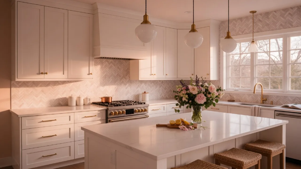 Beautifully renovated kitchen with white shaker cabinets, quartz countertops, brushed gold hardware, and fresh flowers on the island