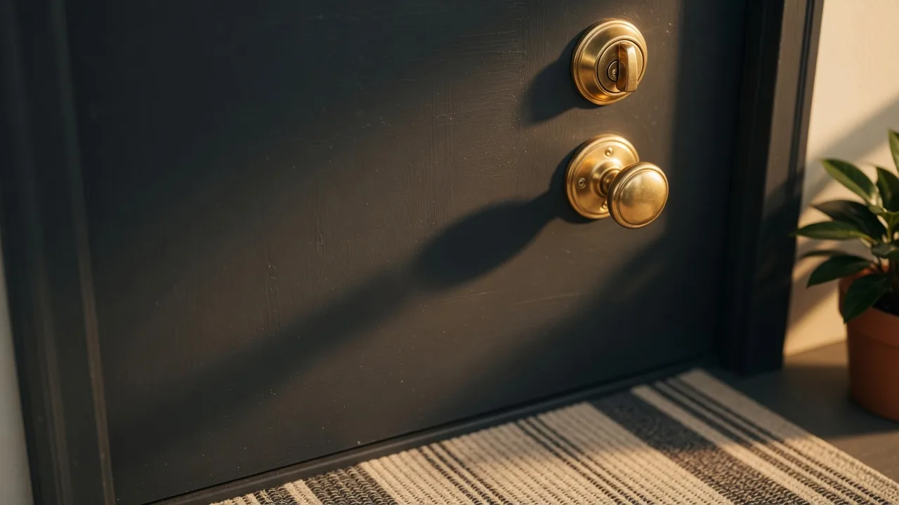 A brass deadbolt and handle on a charcoal front door in warm golden light