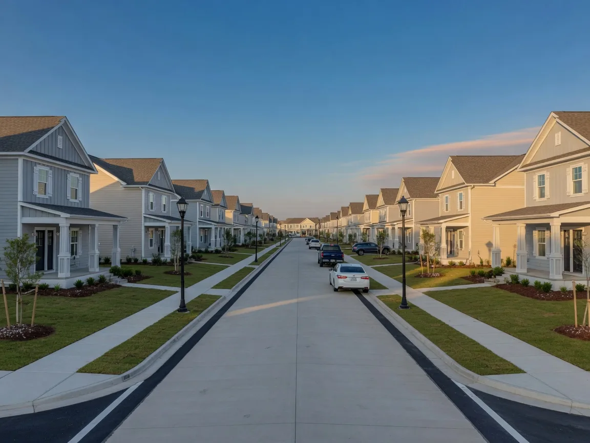 New construction homes on a street in Arcadia, Forestbrook area near Myrtle Beach