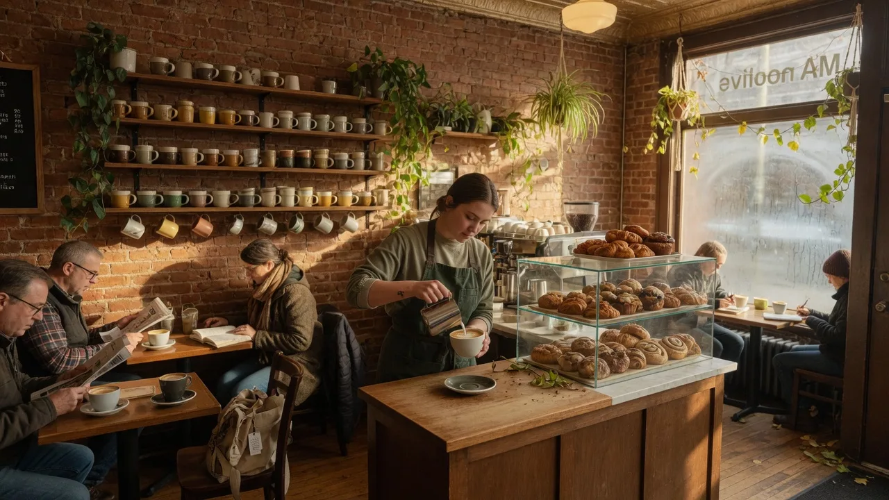 A barista pours latte art in the cozy brick storefront of Goodkind Coffee on Madison Avenue in Lakewood Ohio, with a pastry case and hanging plants