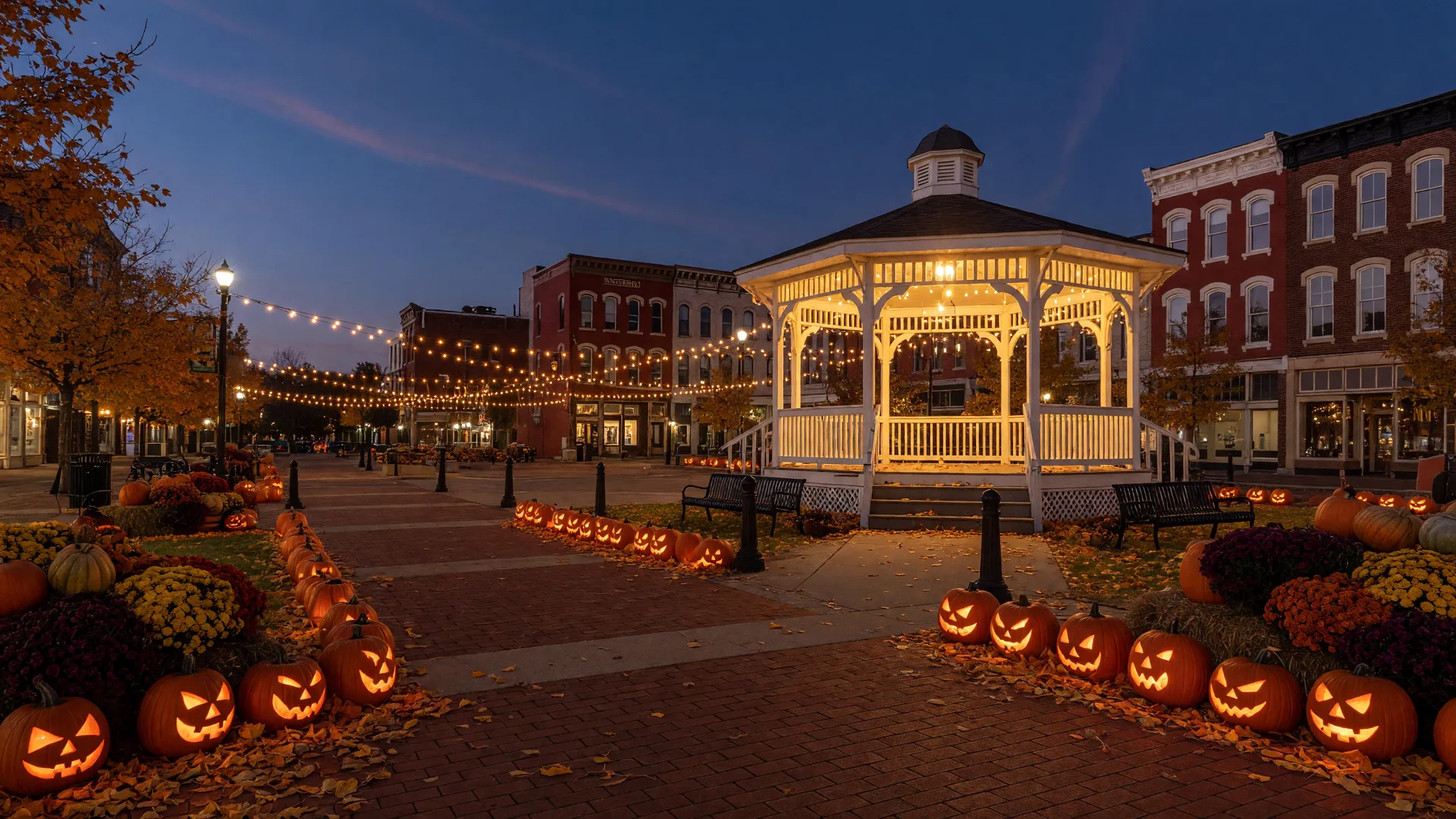 Medina's Historic Public Square at dusk in mid-October with glowing jack-o'-lanterns lining the brick sidewalks, string lights between storefronts, and the white gazebo lit warmly